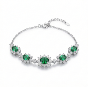 AGOR 925 Sterling Silver Floral Green Oval Link Bracelet High Polish Premium Rhodium Finish Romantic Festive Women's Jewellery