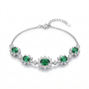 925 Sterling Silver Floral Green Oval Link Bracelet High Polish Premium Rhodium Finish Romantic Festive Women's Jewellery