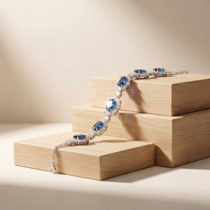 AGOR 925 Sterling Silver Floral Blue Oval Link Bracelet High Polish Premium Rhodium Finish Elegant Party Wear Jewellery