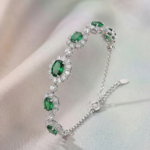 AGOR 925 Sterling Silver Floral Green Oval Link Bracelet High Polish Premium Rhodium Finish Romantic Festive Women's Jewellery