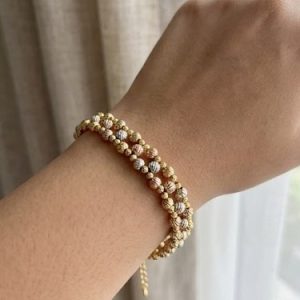 925 Sterling Silver Tri-Color Multi-Strand Beaded Bracelet High Polish Premium Yellow and Rose Gold Finish Everyday Jewellery