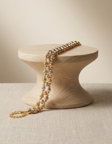 925 Sterling Silver Tri-Color Multi-Strand Beaded Bracelet High Polish Premium Yellow and Rose Gold Finish Everyday Jewellery