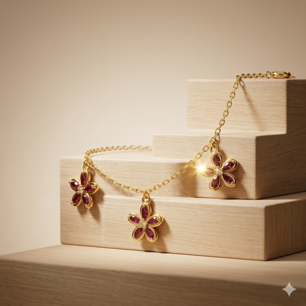 AGOR 925 Sterling Silver Pink Floral Charm Bracelet with Premium Gold Finish Fashion Jewellery