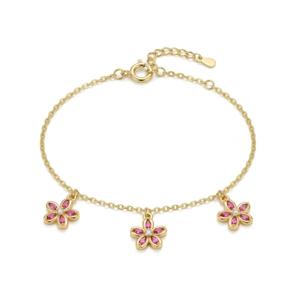 AGOR 925 Sterling Silver Pink Floral Charm Bracelet with Premium Gold Finish Fashion Jewellery