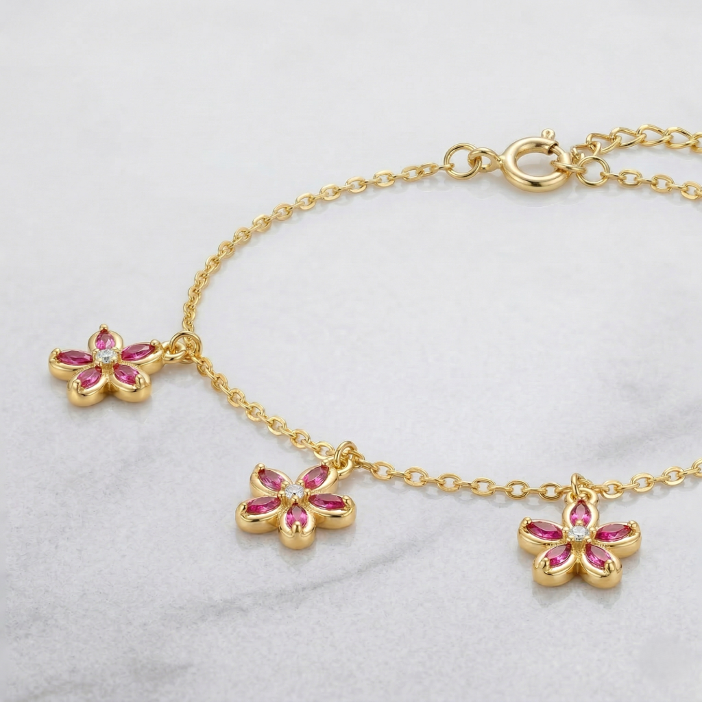 AGOR 925 Sterling Silver Pink Floral Charm Bracelet with Premium Gold Finish Fashion Jewellery