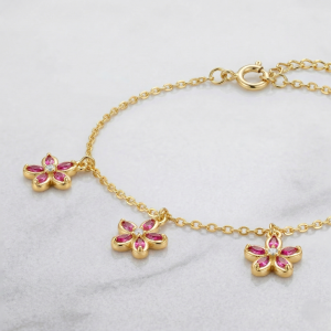 AGOR 925 Sterling Silver Pink Floral Charm Bracelet with Premium Gold Finish Fashion Jewellery
