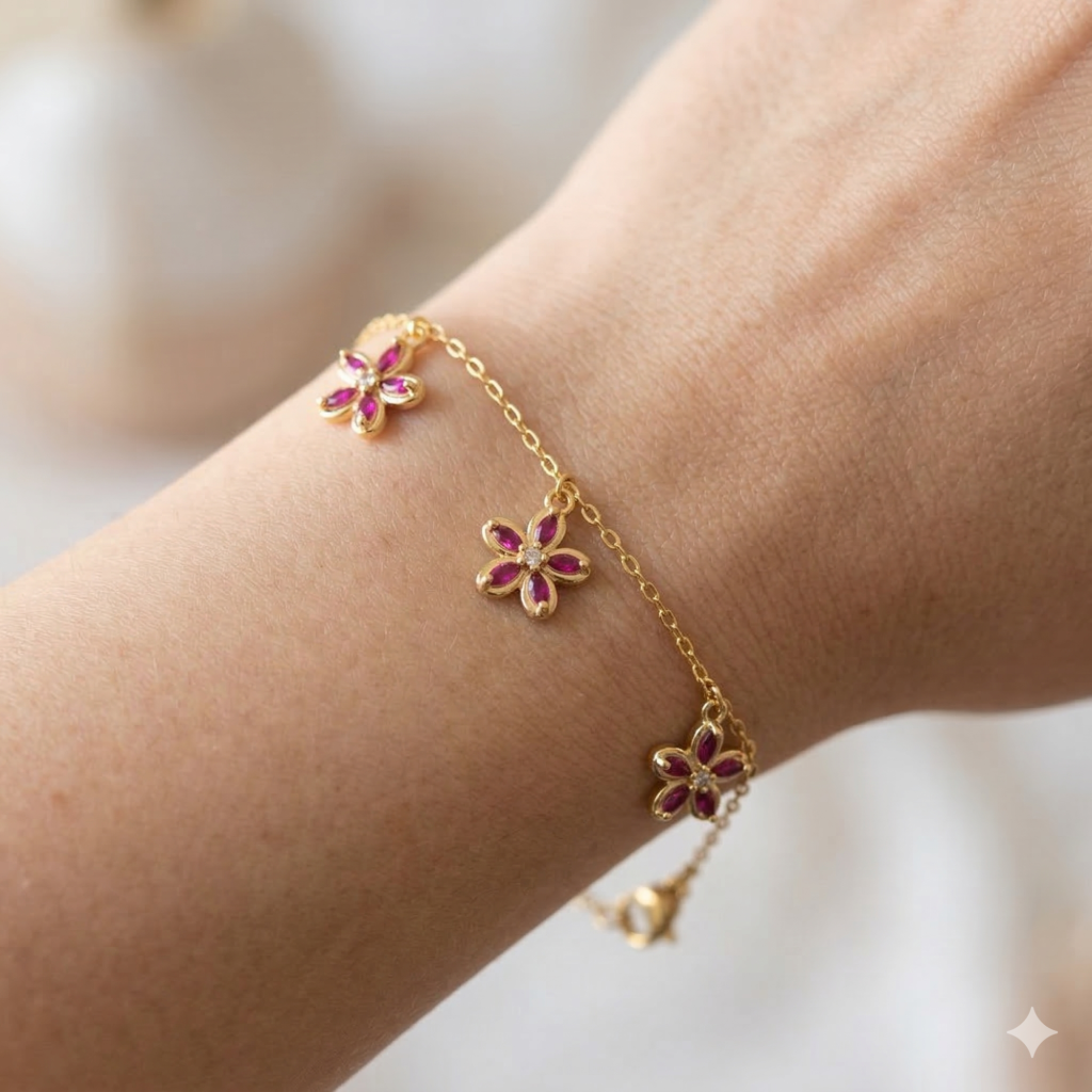AGOR 925 Sterling Silver Pink Floral Charm Bracelet with Premium Gold Finish Fashion Jewellery
