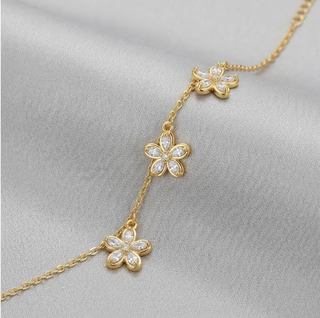 AGOR 925 Sterling Silver Floral Link Bracelet with Premium Gold Finish Fine Jewellery for Women