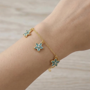 AGOR 925 Sterling Silver Blue Floral Chain Bracelet with Premium Gold Finish Elegant Jewellery