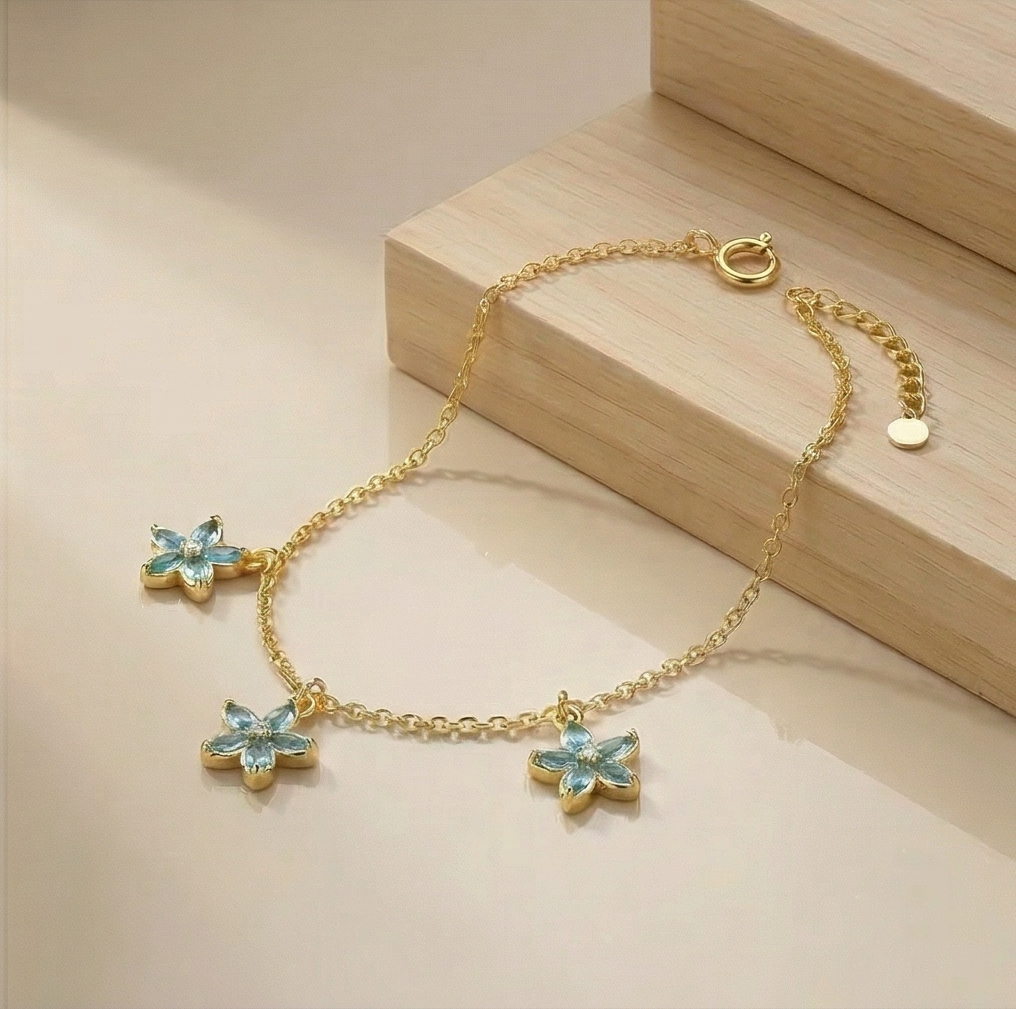 925 Sterling Silver Blue Floral Chain Bracelet with Premium Gold Finish Elegant Jewellery