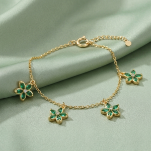 AGOR 925 Sterling Silver Green Floral Charm Bracelet with Premium Gold Finish Classic Jewellery