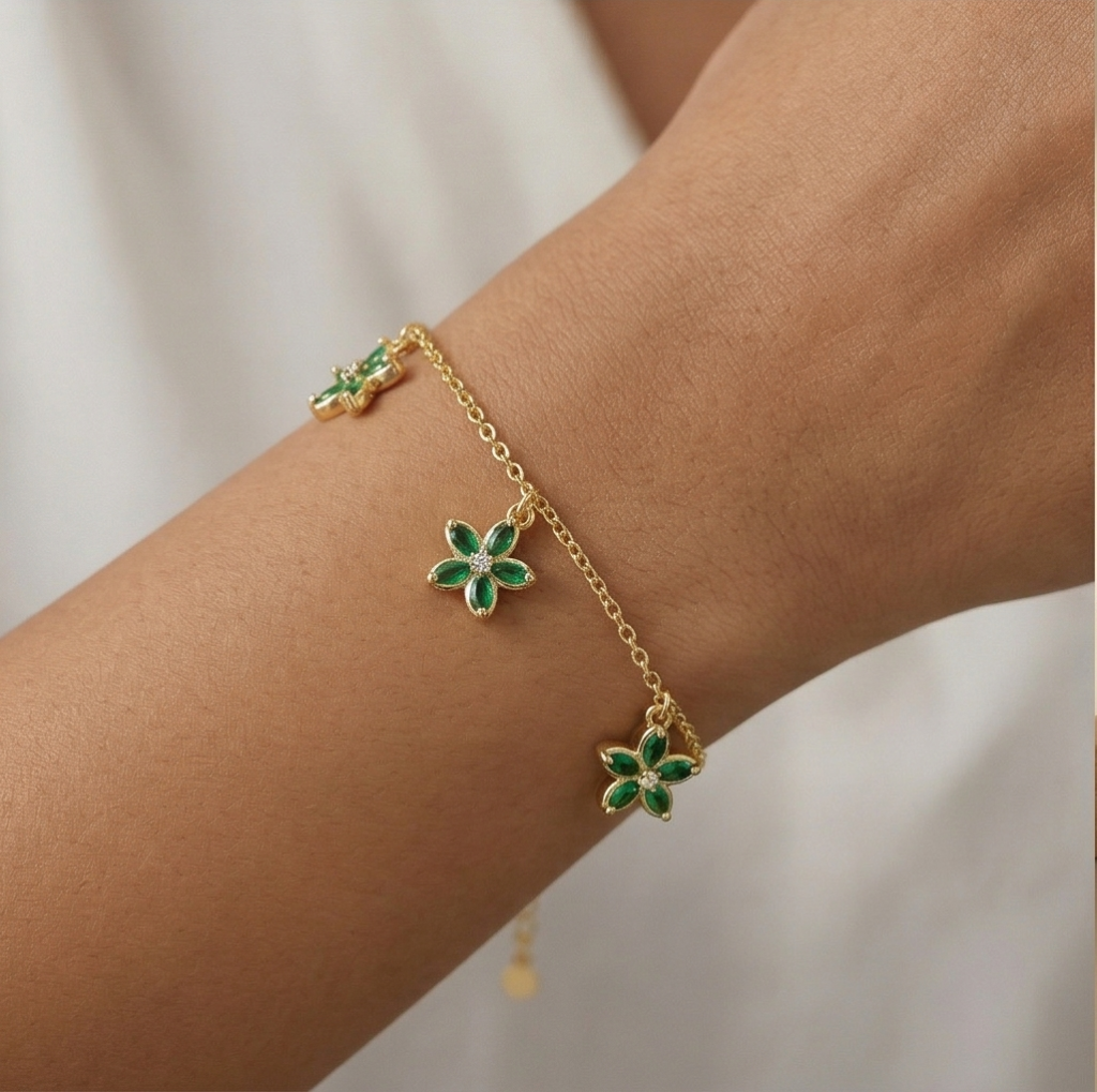 AGOR 925 Sterling Silver Green Floral Charm Bracelet with Premium Gold Finish Classic Jewellery