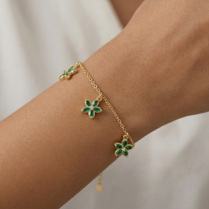 AGOR 925 Sterling Silver Green Floral Charm Bracelet with Premium Gold Finish Classic Jewellery
