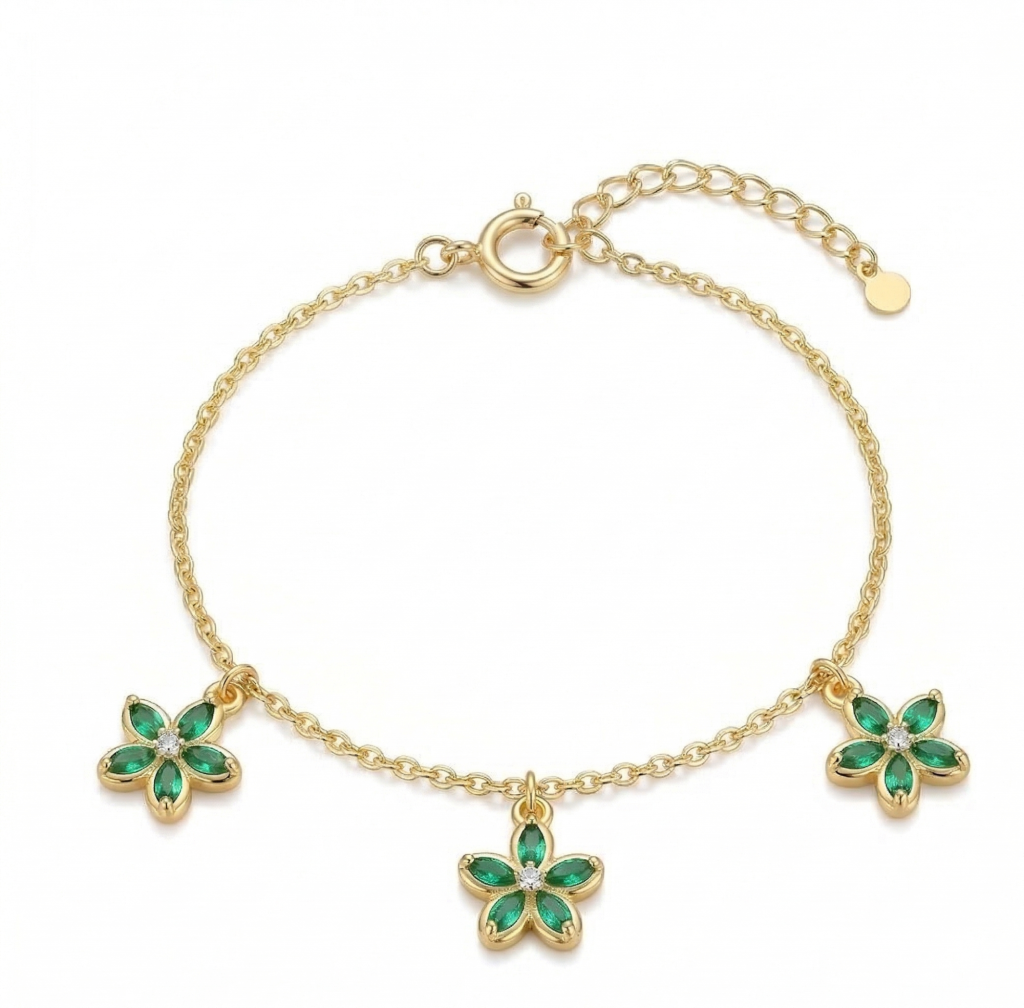 AGOR 925 Sterling Silver Green Floral Charm Bracelet with Premium Gold Finish Classic Jewellery