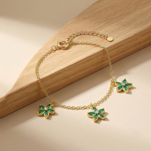 AGOR 925 Sterling Silver Green Floral Charm Bracelet with Premium Gold Finish Classic Jewellery