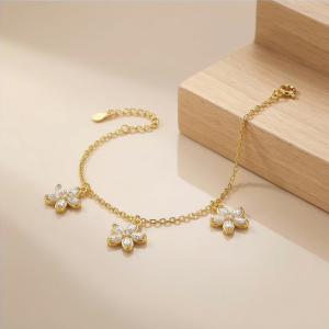 AGOR 925 Sterling Silver Floral Link Bracelet with Premium Gold Finish Fine Jewellery for Women