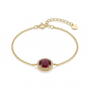 AGOR 925 Sterling Silver Red Oval Halo Bracelet with Premium Gold Finish Premium Jewellery