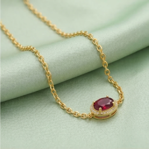 AGOR 925 Sterling Silver Red Oval Halo Bracelet with Premium Gold Finish Premium Jewellery