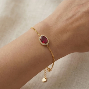 AGOR 925 Sterling Silver Red Oval Halo Bracelet with Premium Gold Finish Premium Jewellery