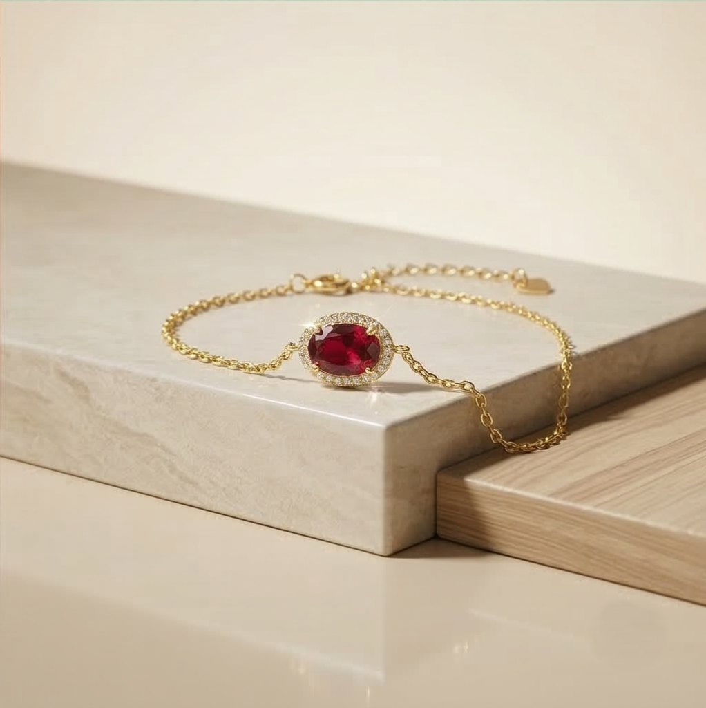 AGOR 925 Sterling Silver Red Oval Halo Bracelet with Premium Gold Finish Premium Jewellery