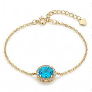 AGOR 925 Sterling Silver Blue Oval Halo Bracelet with Premium Gold Finish Fine Jewellery