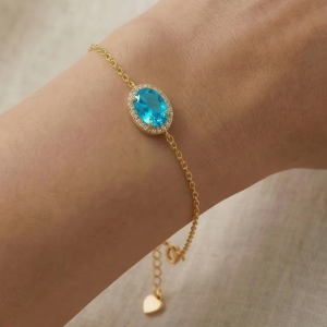AGOR 925 Sterling Silver Blue Oval Halo Bracelet with Premium Gold Finish Fine Jewellery