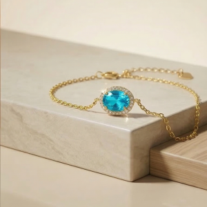 AGOR 925 Sterling Silver Blue Oval Halo Bracelet with Premium Gold Finish Fine Jewellery