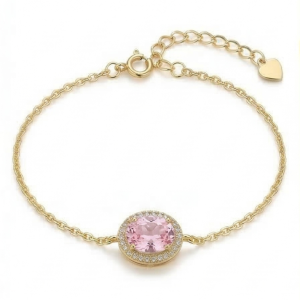 AGOR 925 Sterling Silver Pink Oval Halo Bracelet with Premium Gold Finish Delicate Jewellery