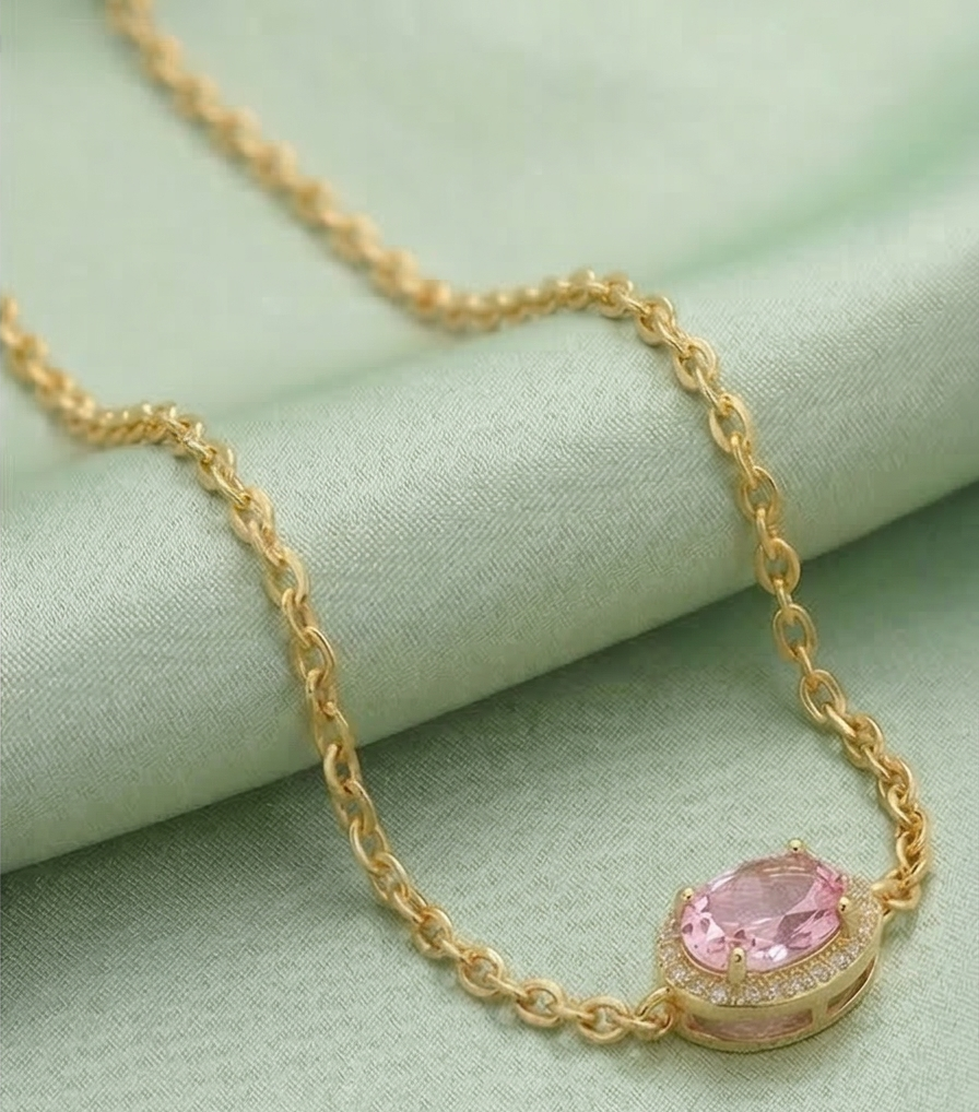 925 Sterling Silver Pink Oval Halo Bracelet with Premium Gold Finish Delicate Jewellery