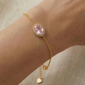 AGOR 925 Sterling Silver Pink Oval Halo Bracelet with Premium Gold Finish Delicate Jewellery