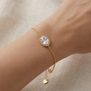 AGOR 925 Sterling Silver Oval Halo Bracelet with Premium Gold Finish Minimalist Jewellery