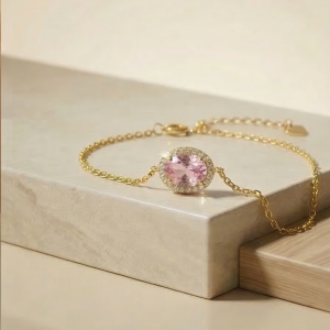 AGOR 925 Sterling Silver Pink Oval Halo Bracelet with Premium Gold Finish Delicate Jewellery