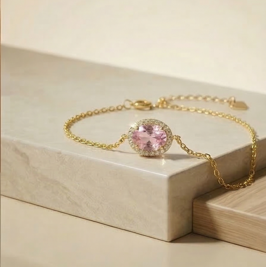 925 Sterling Silver Pink Oval Halo Bracelet with Premium Gold Finish Delicate Jewellery
