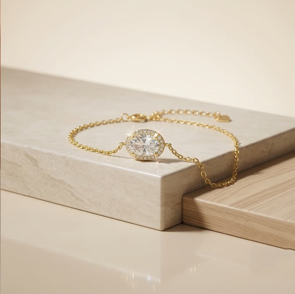 AGOR 925 Sterling Silver Oval Halo Bracelet with Premium Gold Finish Minimalist Jewellery