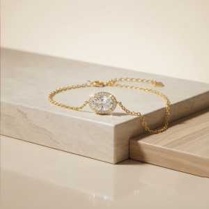 AGOR 925 Sterling Silver Oval Halo Bracelet with Premium Gold Finish Minimalist Jewellery