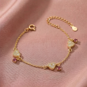 AGOR 925 Sterling Silver Pave Heart and Red Charm Bracelet with Premium Gold Finish Festive Jewellery