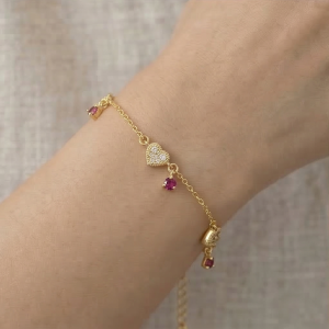 AGOR 925 Sterling Silver Pave Heart and Red Charm Bracelet with Premium Gold Finish Festive Jewellery