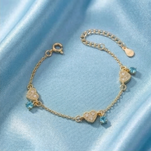 AGOR 925 Sterling Silver Gold Plated Heart and Blue Stone Premium Bracelet Jewellery for Women