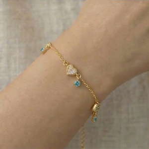 AGOR 925 Sterling Silver Gold Plated Heart and Blue Stone Premium Bracelet Jewellery for Women