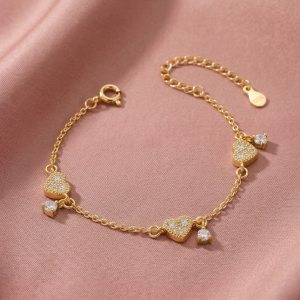 AGOR 925 Sterling Silver Pave Heart Bracelet with Premium Gold Finish Romantic Jewellery