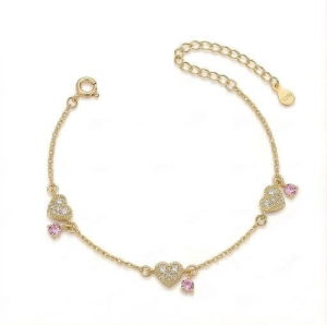 AGOR 925 Sterling Silver Gold Plated Heart and Pink Stone Bracelet Premium Jewellery for Women