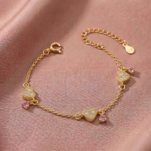 925 Sterling Silver Gold Plated Heart and Pink Stone Bracelet Premium Jewellery for Women