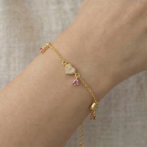 AGOR 925 Sterling Silver Gold Plated Heart and Pink Stone Bracelet Premium Jewellery for Women