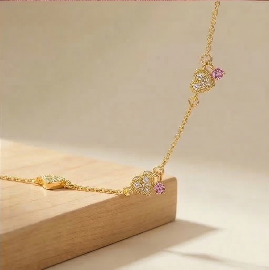 AGOR 925 Sterling Silver Gold Plated Heart and Pink Stone Bracelet Premium Jewellery for Women