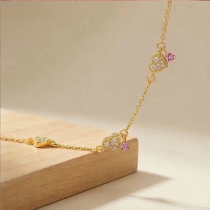 AGOR 925 Sterling Silver Gold Plated Heart and Pink Stone Bracelet Premium Jewellery for Women