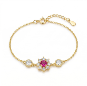 AGOR 925 Sterling Silver Gold Plated Pink Floral Bracelet Premium Jewellery for Women