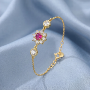 AGOR 925 Sterling Silver Gold Plated Pink Floral Bracelet Premium Jewellery for Women