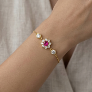AGOR 925 Sterling Silver Gold Plated Pink Floral Bracelet Premium Jewellery for Women