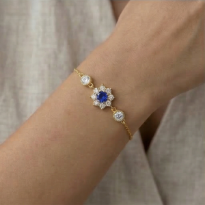 AGOR 925 Sterling Silver Gold Plated Blue Floral Bracelet Premium Jewellery for Women
