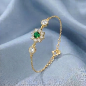 AGOR 925 Sterling Silver Gold Plated Green Floral Bracelet Premium Jewellery for Women